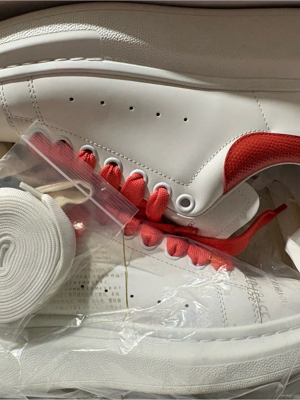 Women Alexander McQueen White Sneakers with Coral Laces and Heel Accent